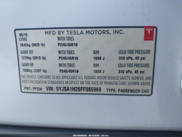 46090559 :رقم المزاد ، 5YJSA1H26FF085969 vin ، 2015 Tesla Model S 70d/85d/p85d مزاد بيع