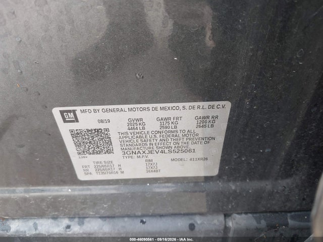 46090561 :رقم المزاد ، 3GNAXJEV4LS525061 vin ، 2020 Chevrolet Equinox Fwd 2fl مزاد بيع