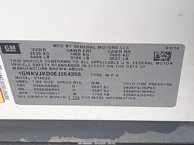 46090564 :رقم المزاد ، 1GNKVJKD0EJ264358 vin ، 2014 Chevrolet Traverse Ltz مزاد بيع
