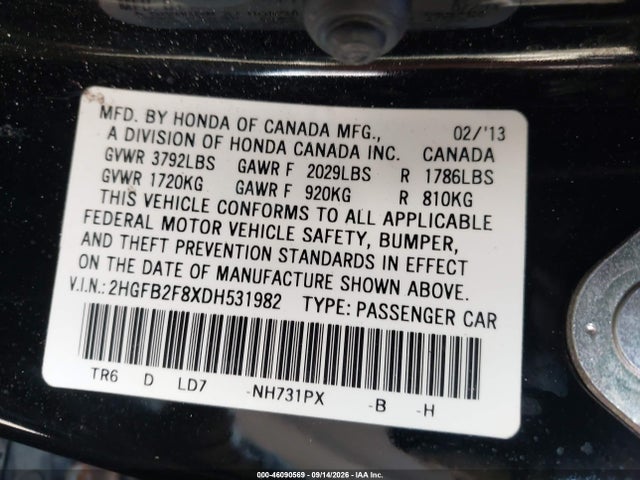 Продажа на аукционе авто 2013 Honda Civic Ex, vin: 2HGFB2F8XDH531982, номер лота: 46090569