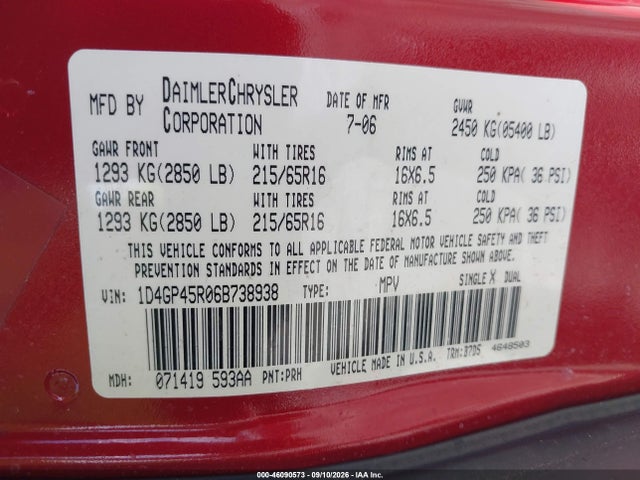 Продажа на аукционе авто 2006 Dodge Caravan Sxt, vin: 1D4GP45R06B738938, номер лота: 46090573