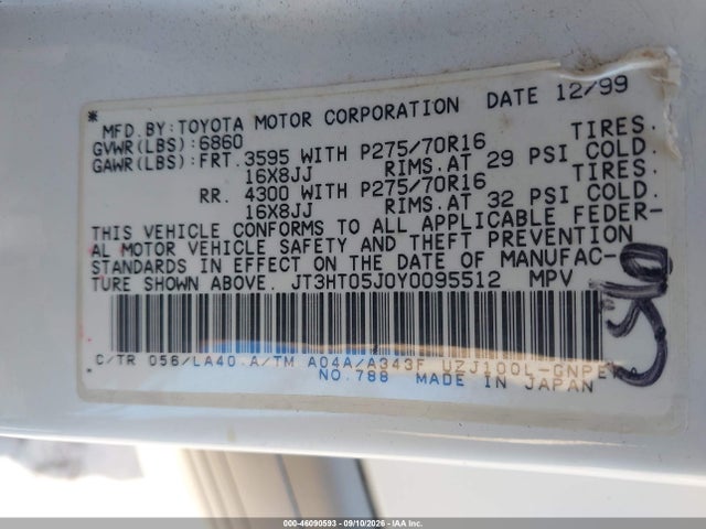 Продажа на аукционе авто 2000 Toyota Land Cruiser, vin: JT3HT05J0Y0095512, номер лота: 46090593