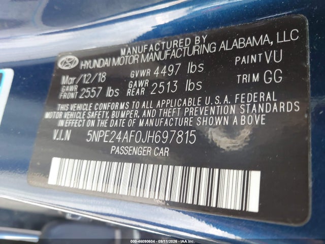 46090604 :رقم المزاد ، 5NPE24AF0JH697815 vin ، 2018 Hyundai Sonata Se مزاد بيع