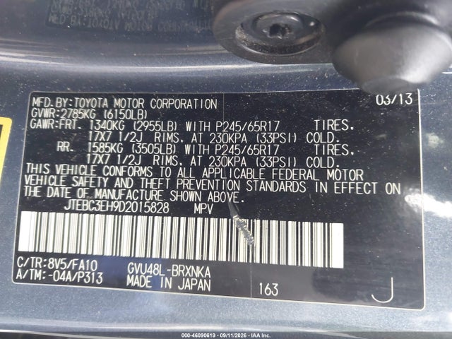 Aukcja sprzedaży 2013 Toyota Highlander Hybrid Base V6, vin: JTEBC3EH9D2015828, numer aukcji: 46090619