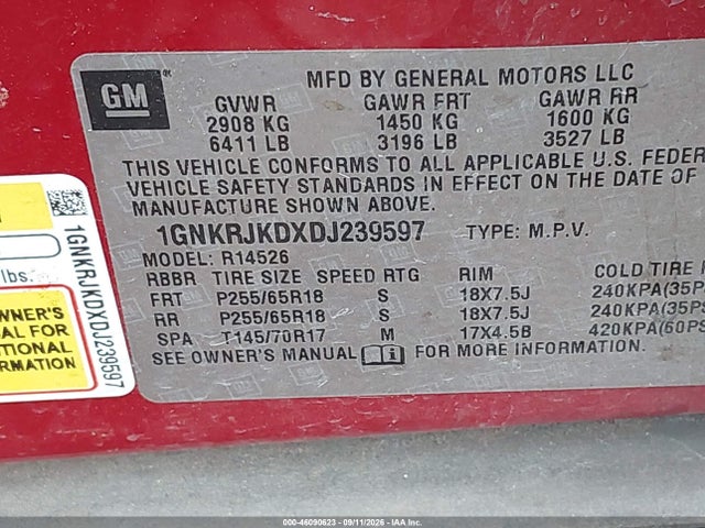 Продажа на аукционе авто 2013 Chevrolet Traverse 2lt, vin: 1GNKRJKDXDJ239597, номер лота: 46090623
