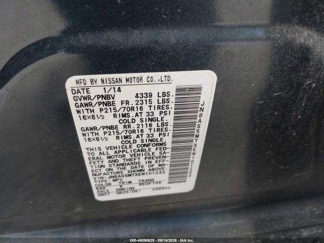 2014 Nissan Rogue Select S მანქანა იყიდება აუქციონზე, vin: JN8AS5MTXEW101233, აუქციონის ნომერი: 46090625