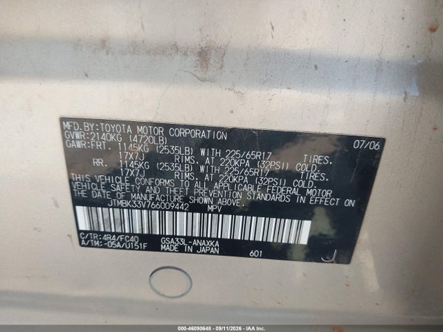 46090648 :رقم المزاد ، JTMBK33V766009442 vin ، 2006 Toyota Rav4 Base V6 مزاد بيع