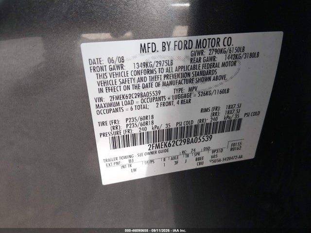Продажа на аукционе авто 2009 Ford Flex Sel, vin: 2FMEK62C29BA05539, номер лота: 46090658