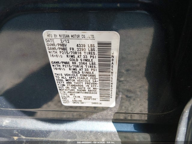 46090665 :رقم المزاد ، JN8AS5MT5CW608408 vin ، 2012 Nissan Rogue S مزاد بيع