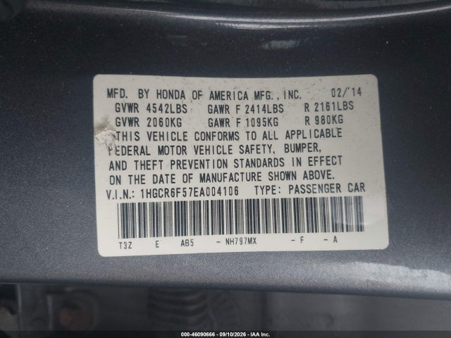 46090666 :رقم المزاد ، 1HGCR6F57EA004106 vin ، 2014 Honda Accord Hybrid Ex-l مزاد بيع