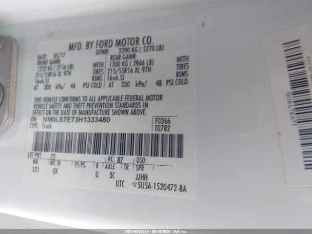 46090669 :رقم المزاد ، NM0LS7E73H1333480 vin ، 2017 Ford Transit Connect Xl مزاد بيع