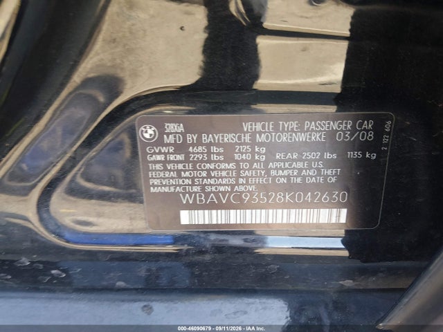 46090679 :رقم المزاد ، WBAVC93528K042630 vin ، 2008 Bmw 328xi مزاد بيع