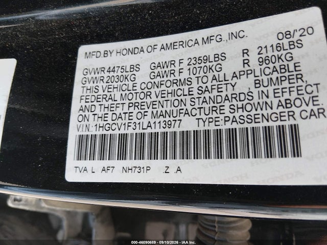 46090689 :رقم المزاد ، 1HGCV1F31LA113977 vin ، 2020 Honda Accord Sport مزاد بيع
