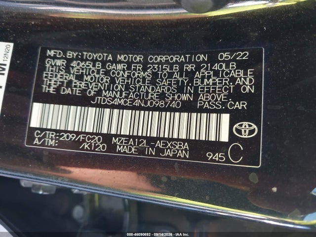 Продаж на аукціоні авто 2022 Toyota Corolla Se, vin: JTDS4MCE4NJ098740, номер лоту: 46090692