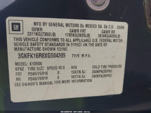 Aukcja sprzedaży 1999 Gmc Suburban 1500 Slt Cmi, vin: 3GKFK16R8XG504399, numer aukcji: 46090700