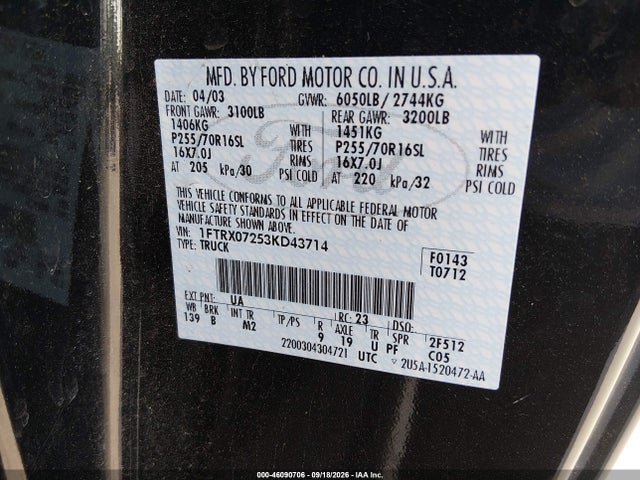 Aukcja sprzedaży 2003 Ford F-150 Xl/xlt, vin: 1FTRX07253KD43714, numer aukcji: 46090706