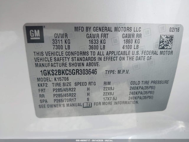 2016 Gmc Yukon Slt მანქანა იყიდება აუქციონზე, vin: 1GKS2BKC5GR303646, აუქციონის ნომერი: 46090717
