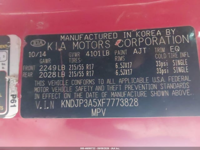 46090722 :رقم المزاد ، KNDJP3A5XF7773828 vin ، 2015 Kia Soul + مزاد بيع