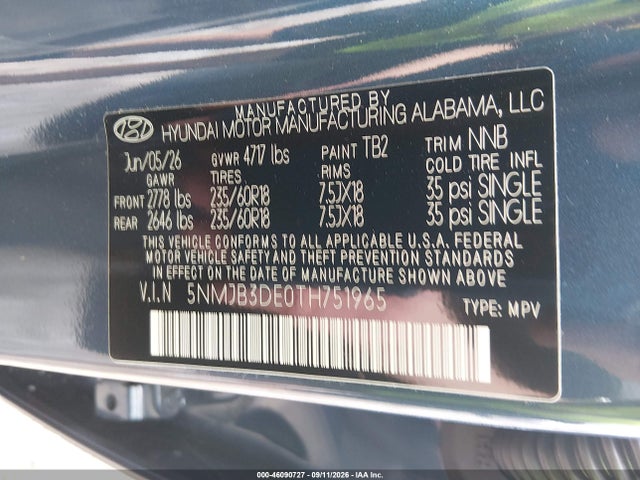 46090727 :رقم المزاد ، 5NMJB3DE0TH751965 vin ، 2026 Hyundai Tucson Sel مزاد بيع