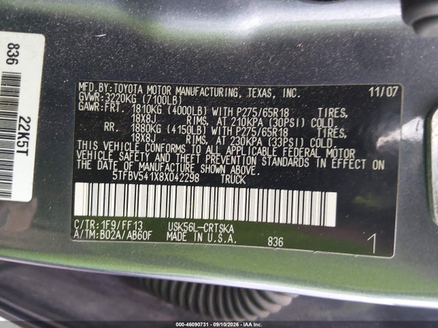 2008 Toyota Tundra Sr5 5.7l V8 მანქანა იყიდება აუქციონზე, vin: 5TFBV541X8X042298, აუქციონის ნომერი: 46090731