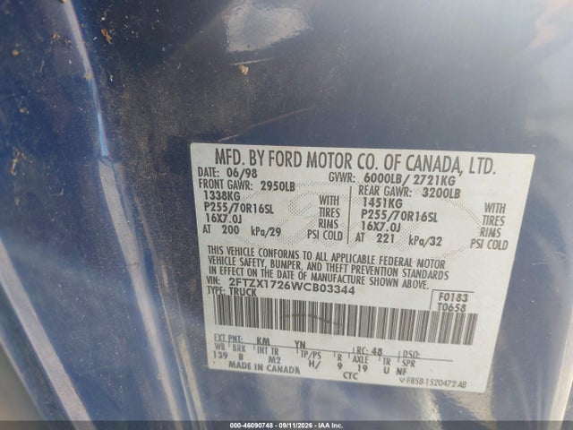 46090748 :رقم المزاد ، 2FTZX1726WCB03344 vin ، 1998 Ford F-150 Standard/xl/xlt مزاد بيع