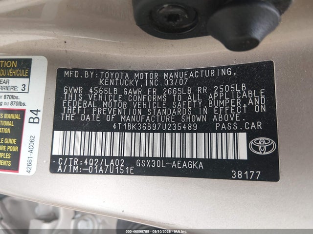 46090758 :رقم المزاد ، 4T1BK36B97U235489 vin ، 2007 Toyota Avalon Xls مزاد بيع