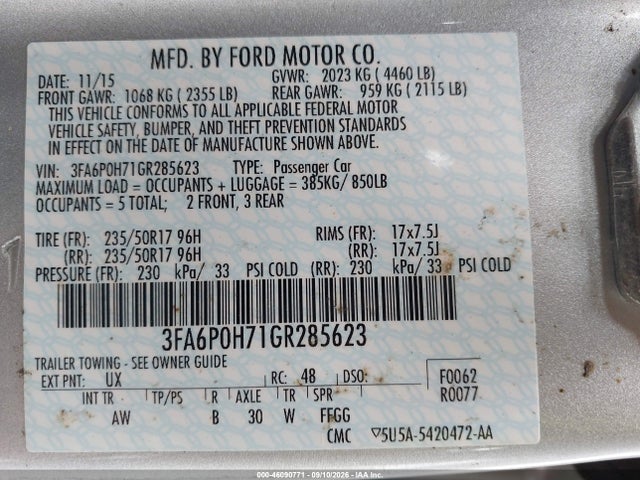 Aukcja sprzedaży 2016 Ford Fusion Se, vin: 3FA6P0H71GR285623, numer aukcji: 46090771