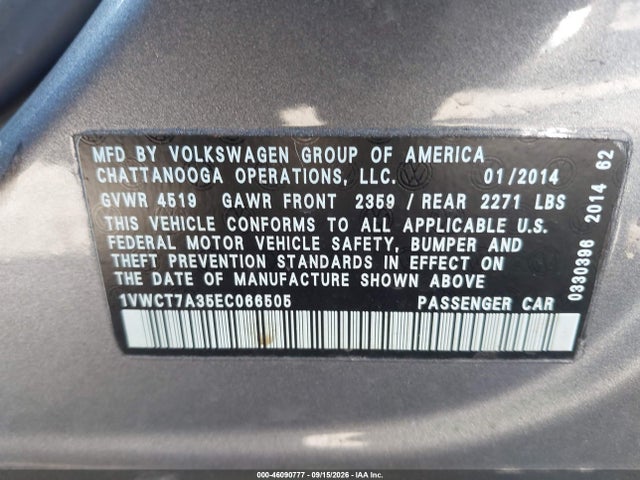 Продаж на аукціоні авто 2014 Volkswagen Passat 1.8t Sel Premium, vin: 1VWCT7A35EC066505, номер лоту: 46090777
