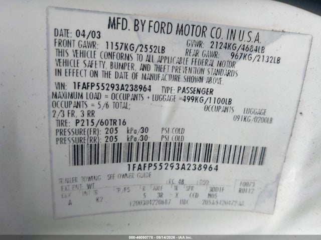 46090778 :رقم المزاد ، 1FAFP55293A238964 vin ، 2003 Ford Taurus Ses مزاد بيع