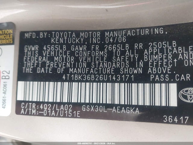 46090781 :رقم المزاد ، 4T1BK36B26U143171 vin ، 2006 Toyota Avalon Xls مزاد بيع