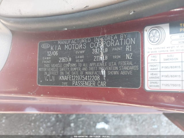 46090798 :رقم المزاد ، KNAFE121975412208 vin ، 2007 Kia Spectra Ex مزاد بيع