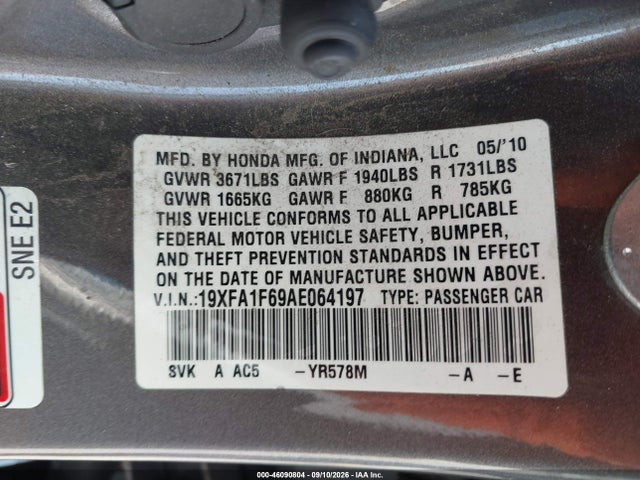 46090804 :رقم المزاد ، 19XFA1F69AE064197 vin ، 2010 Honda Civic Lx-s مزاد بيع