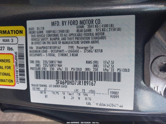 Aukcja sprzedaży 2018 Ford Fusion Se, vin: 3FA6P0HD7JR189167, numer aukcji: 46090805