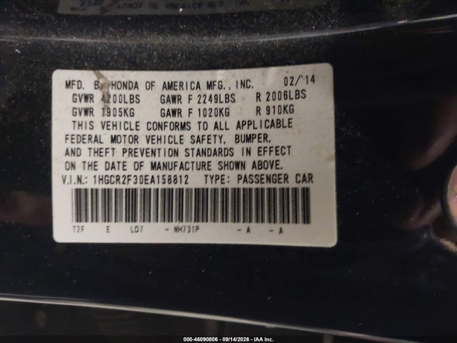 46090806 :رقم المزاد ، 1HGCR2F30EA158812 vin ، 2014 Honda Accord Lx مزاد بيع
