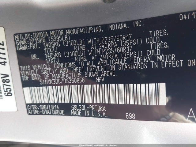 46090812 :رقم المزاد ، 5TDYK3DC7DS360856 vin ، 2013 Toyota Sienna Xle V6 8 Passenger مزاد بيع