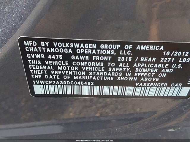 2013 Volkswagen Passat 2.5l Sel Premium მანქანა იყიდება აუქციონზე, vin: 1VWCP7A39DC045482, აუქციონის ნომერი: 46090818