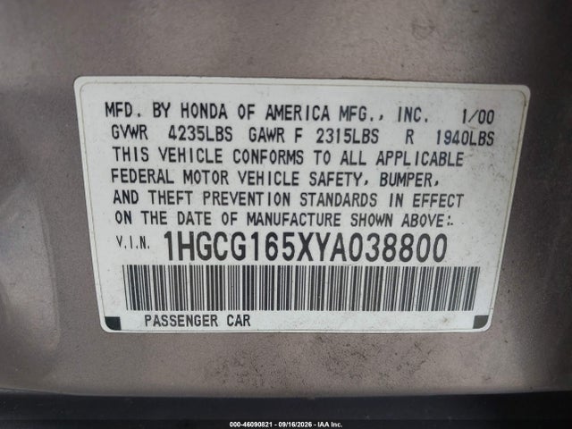 Aukcja sprzedaży 2000 Honda Accord 3.0 Ex, vin: 1HGCG165XYA038800, numer aukcji: 46090821