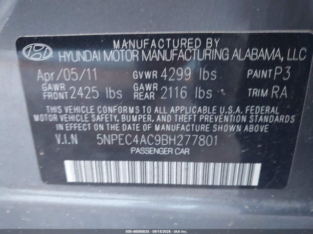 46090835 :رقم المزاد ، 5NPEC4AC9BH277801 vin ، 2011 Hyundai Sonata Limited مزاد بيع