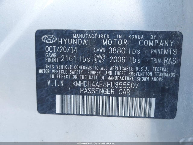 2015 Hyundai Elantra Se მანქანა იყიდება აუქციონზე, vin: KMHDH4AE8FU355507, აუქციონის ნომერი: 46090840