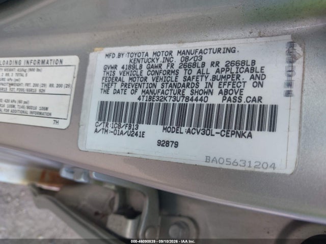 2003 Toyota Camry Le მანქანა იყიდება აუქციონზე, vin: 4T1BE32K73U784440, აუქციონის ნომერი: 46090839