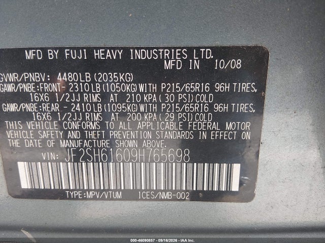 Aukcja sprzedaży 2009 Subaru Forester 2.5x, vin: JF2SH61609H765698, numer aukcji: 46090857