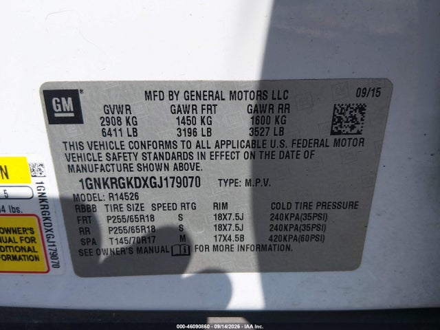 Aukcja sprzedaży 2016 Chevrolet Traverse 1lt, vin: 1GNKRGKDXGJ179070, numer aukcji: 46090860