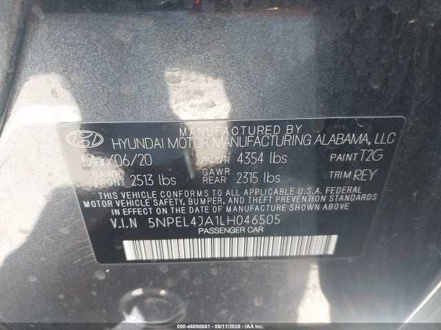Продаж на аукціоні авто 2020 Hyundai Sonata Sel, vin: 5NPEL4JA1LH046505, номер лоту: 46090861