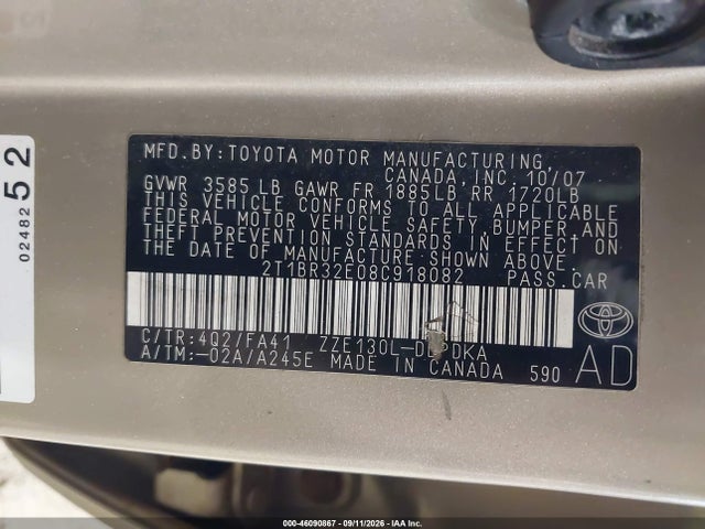 46090867 :رقم المزاد ، 2T1BR32E08C918082 vin ، 2008 Toyota Corolla Ce مزاد بيع