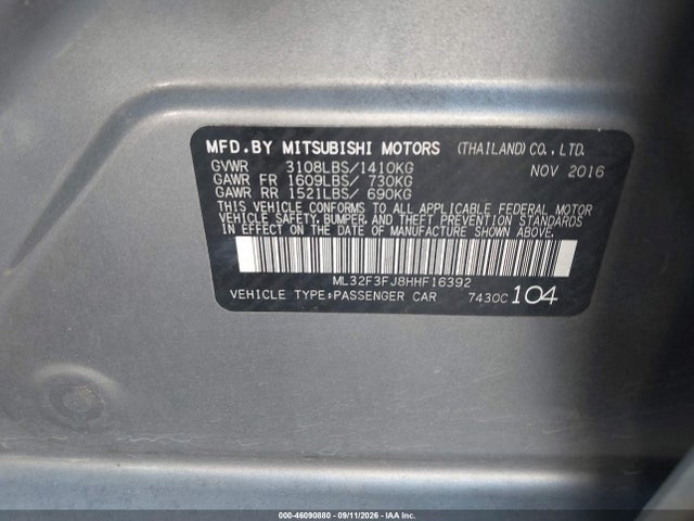 2017 Mitsubishi Mirage G4 Es მანქანა იყიდება აუქციონზე, vin: ML32F3FJ8HHF16392, აუქციონის ნომერი: 46090880