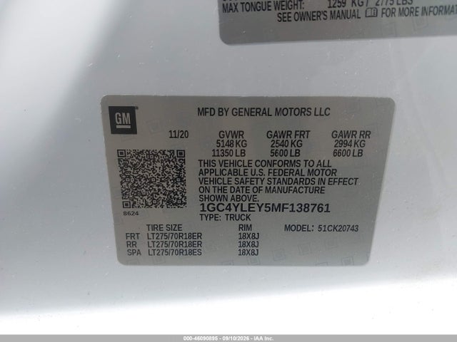 1GC4YLEY5MF138761 Chevrolet Silverado 2500hd 4wd Standard Bed Wt