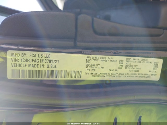 46090909 :رقم المزاد ، 1C4RJFAG1MC701721 vin ، 2021 Jeep Grand Cherokee Laredo X 4x4 مزاد بيع