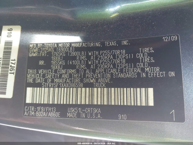 2010 Toyota Tundra Grade 5.7l V8 მანქანა იყიდება აუქციონზე, vin: 5TFRY5F1XAX086598, აუქციონის ნომერი: 46090914