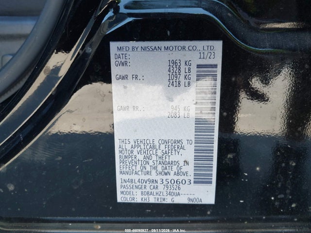 46090927 :رقم المزاد ، 1N4BL4DV9RN350603 vin ، 2024 Nissan Altima Sv Fwd مزاد بيع