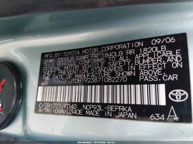 46090933 :رقم المزاد ، JTDBT923871082270 vin ، 2007 Toyota Yaris مزاد بيع